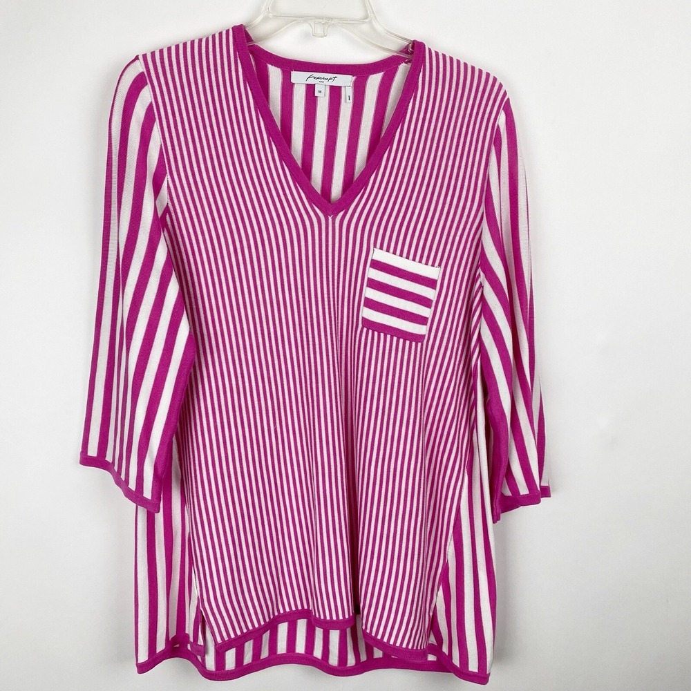 Foxcroft Striped V-Neck 3/4 Sleeve Knit Pocket Sweater Top Womens M‎ Pink